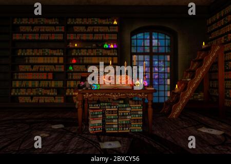 mystic room or alchemist`s study room with candles, books, bottles and alchemical symbols, with zoom in on the book from the enter hall. This mystic r Stock Photo